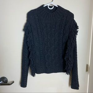 Dark grey fringe cable knit sweater